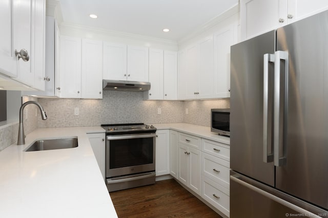 11 Norman Ln, Darien, CT 06820 - kitchen with stainless steel appliances, under cabinet range hood, white cabinets, light countertops, and recessed lighting