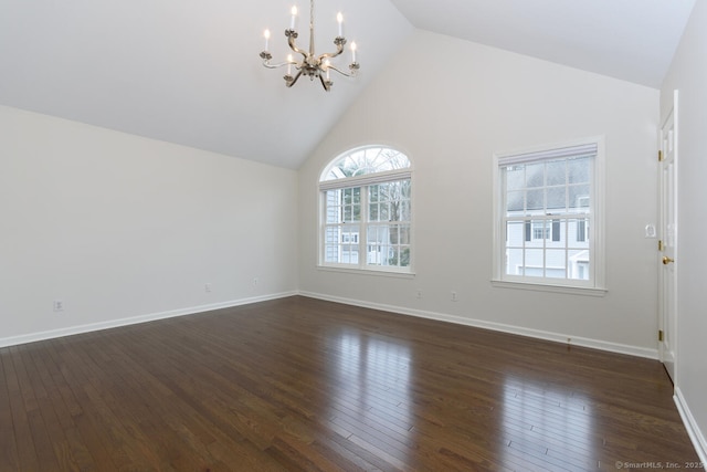 11 Norman Ln, Darien, CT 06820 - unfurnished living room with a chandelier, high vaulted ceiling, healthy amount of natural light, and dark wood-style floors
