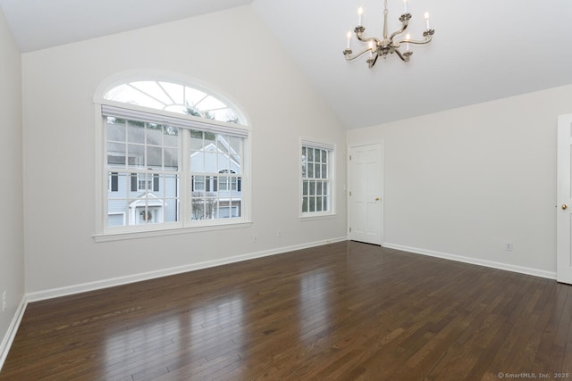 11 Norman Ln, Darien, CT 06820 - unfurnished living room with a chandelier, high vaulted ceiling, and dark wood-style flooring