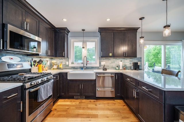 917 N Grand St, Suffield, CT 06093 - kitchen featuring appliances with stainless steel finishes, a sink, a peninsula, dark brown cabinetry, and light wood-style flooring