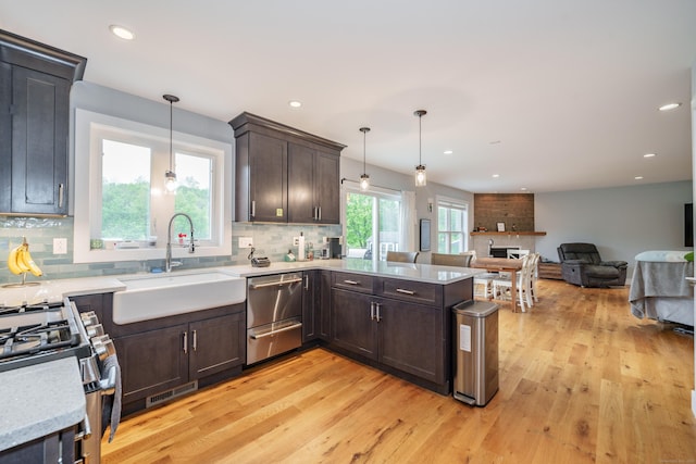 917 N Grand St, Suffield, CT 06093 - kitchen with a sink, dark brown cabinetry, light wood-style floors, decorative backsplash, and stainless steel appliances