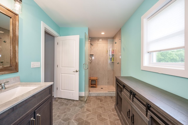 917 N Grand St, Suffield, CT 06093 - full bathroom featuring a stall shower, vanity, tile patterned flooring, and recessed lighting