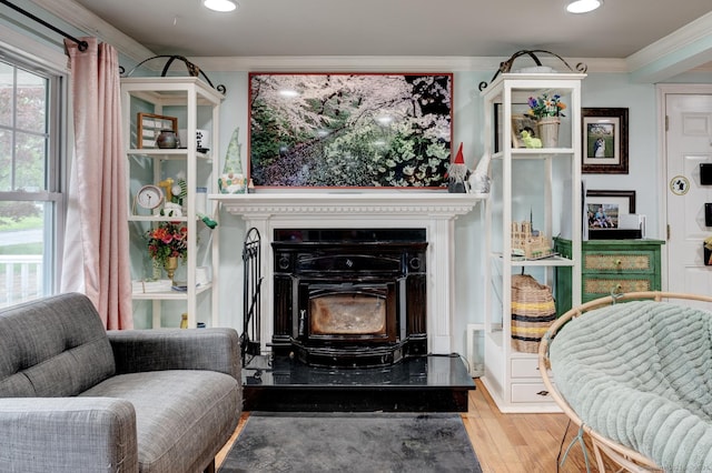 living area with wood finished floors, ornamental molding, recessed lighting, and a wood stove