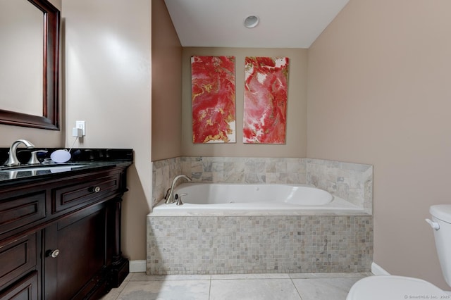 full bathroom with toilet, a garden tub, tile patterned floors, and vanity