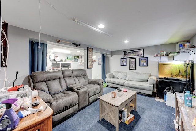 carpeted living room featuring recessed lighting