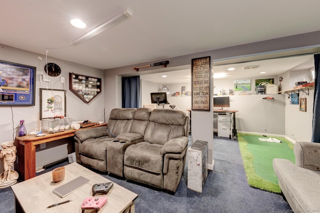 living area featuring carpet flooring, recessed lighting, and baseboards