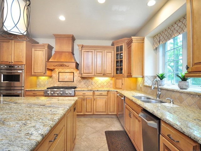 21 Pheasant Hill Rd, Canton, CT 06019 - kitchen with a sink, appliances with stainless steel finishes, custom exhaust hood, tasteful backsplash, and light stone countertops
