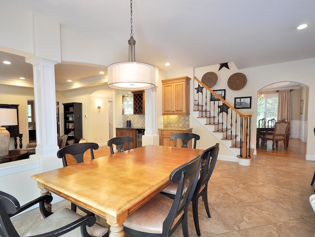 21 Pheasant Hill Rd, Canton, CT 06019 - dining area featuring arched walkways, ornate columns, stairway, and recessed lighting