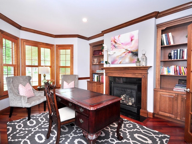 21 Pheasant Hill Rd, Canton, CT 06019 - office with dark wood-type flooring, a fireplace with flush hearth, crown molding, baseboards, and recessed lighting