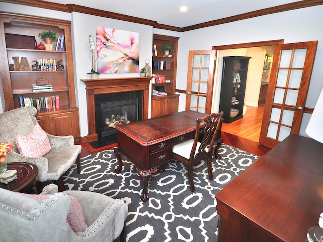 21 Pheasant Hill Rd, Canton, CT 06019 - office space with wood finished floors, ornamental molding, a fireplace with flush hearth, french doors, and recessed lighting