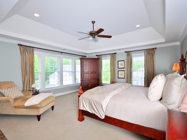 21 Pheasant Hill Rd, Canton, CT 06019 - carpeted bedroom featuring a raised ceiling, recessed lighting, baseboards, a ceiling fan, and ornamental molding
