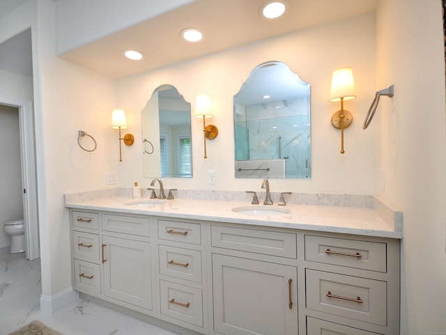 21 Pheasant Hill Rd, Canton, CT 06019 - full bath with marble look tiles, toilet, a marble finish shower, double vanity, and recessed lighting