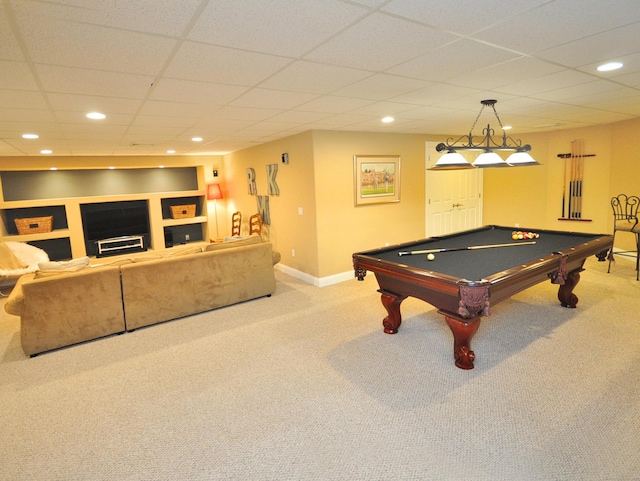 21 Pheasant Hill Rd, Canton, CT 06019 - playroom featuring carpet floors, pool table, recessed lighting, baseboards, and a drop ceiling