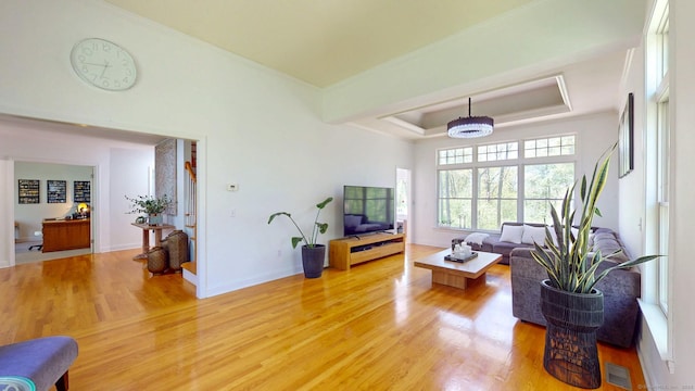 living room featuring light wood-type flooring, ornamental molding, baseboards, and a raised ceiling