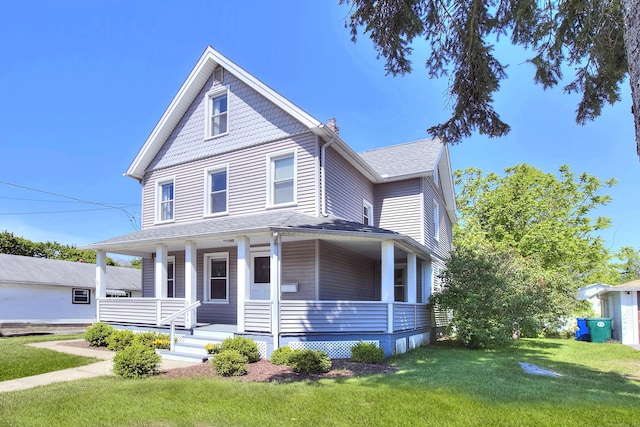 victorian house featuring covered porch, a front yard, and a shingled roof