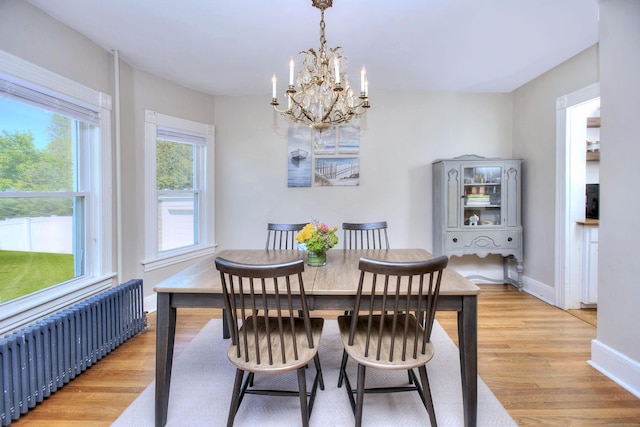 dining area featuring radiator, a chandelier, light wood-style floors, and plenty of natural light