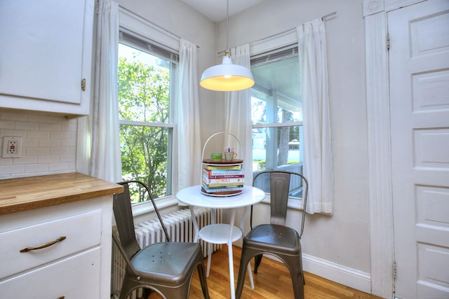 dining room featuring healthy amount of natural light, wood finished floors, baseboards, and radiator heating unit