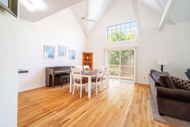 dining space with wood finished floors, high vaulted ceiling, baseboards, ceiling fan, and beam ceiling