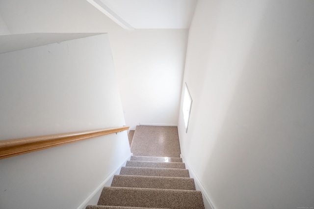 staircase featuring baseboards and carpet flooring