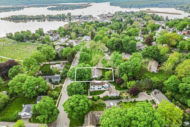 42 N Main St, Essex, CT 06426 - aerial view of property's location with a large body of water and property parcel outlined