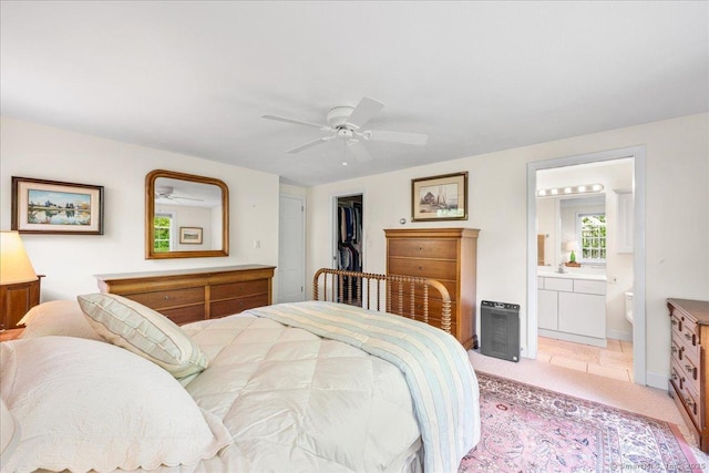 42 N Main St, Essex, CT 06426 - bedroom with ensuite bath, a ceiling fan, a closet, and light colored carpet