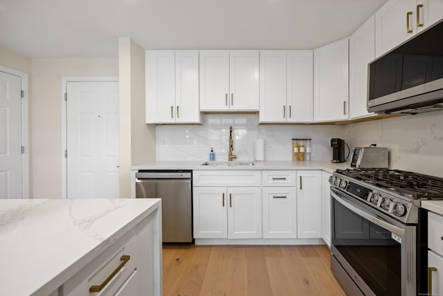 kitchen featuring stainless steel appliances, a sink, light wood finished floors, backsplash, and white cabinetry