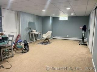 65 Dale Rd, Wethersfield, CT 06109 - basement featuring carpet, a baseboard heating unit, a drop ceiling, and recessed lighting