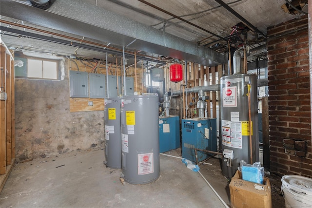 29 Cabot St, New Britain, CT 06053 - utility room with gas water heater, electric water heater, electric panel, and a heating unit