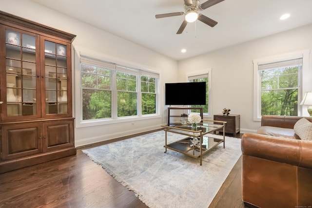 43 Hunting Ridge Rd, Greenwich, CT 06831 - living room with dark wood-style floors, baseboards, ceiling fan, and recessed lighting