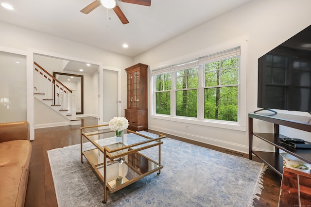 43 Hunting Ridge Rd, Greenwich, CT 06831 - living room with baseboards, stairs, ceiling fan, wood finished floors, and recessed lighting