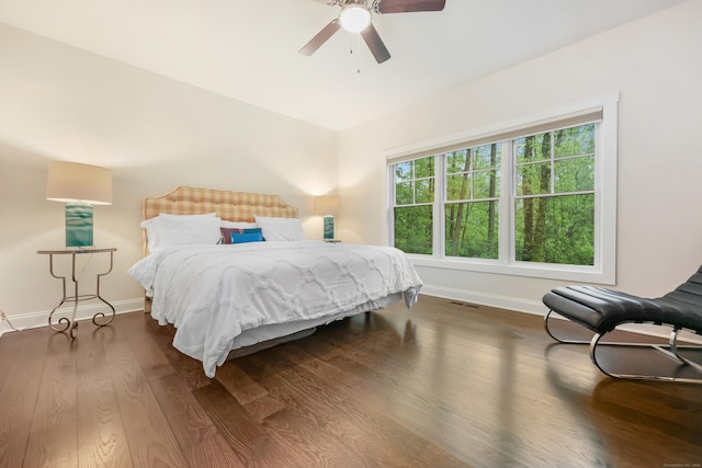 43 Hunting Ridge Rd, Greenwich, CT 06831 - bedroom with baseboards, dark wood-style flooring, and a ceiling fan