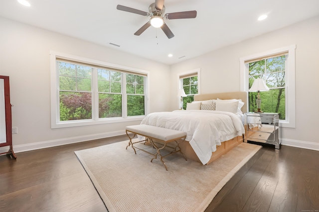 43 Hunting Ridge Rd, Greenwich, CT 06831 - bedroom featuring baseboards, dark wood-style floors, recessed lighting, and ceiling fan