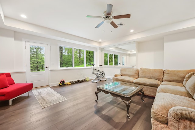 43 Hunting Ridge Rd, Greenwich, CT 06831 - living room with recessed lighting, plenty of natural light, wood finished floors, a ceiling fan, and a tray ceiling