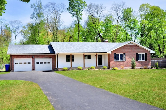 ranch-style house with an attached garage, asphalt driveway, brick siding, a chimney, and roof with shingles