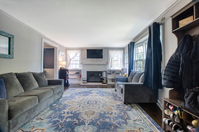 living room featuring wood finished floors and a fireplace