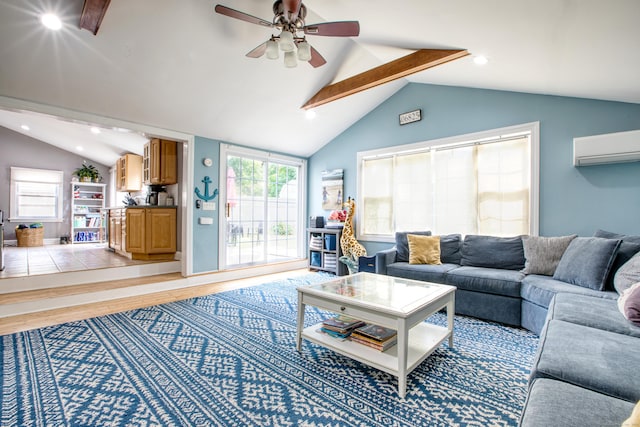 living area featuring a wall unit AC, ceiling fan, light wood-style flooring, and recessed lighting