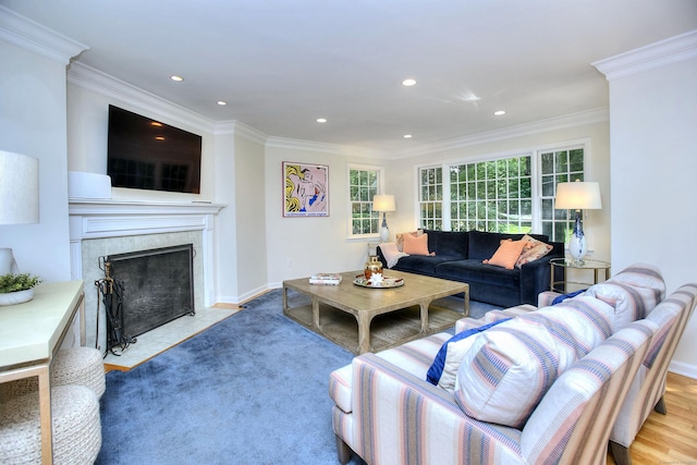 81 Grumman Hill Rd, Wilton, CT 06897 - living room with ornamental molding, a fireplace, recessed lighting, and baseboards