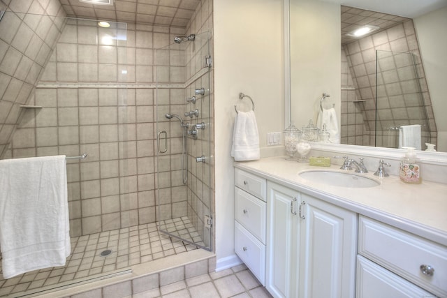 81 Grumman Hill Rd, Wilton, CT 06897 - full bathroom featuring a shower stall, vanity, tile patterned flooring, and recessed lighting