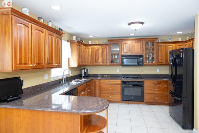 70 Wakeman Hill Rd, Sherman, CT 06784 - kitchen featuring black appliances, brown cabinets, a peninsula, glass insert cabinets, and recessed lighting