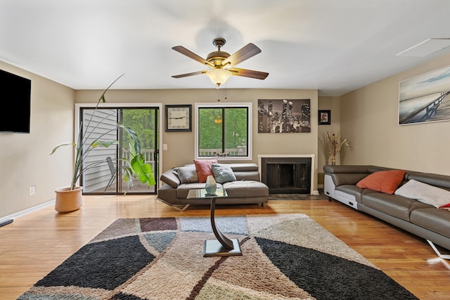 47 Currier Pl Unit 47, Cheshire, CT 06410 - living room with wood finished floors, a ceiling fan, baseboards, and a glass covered fireplace