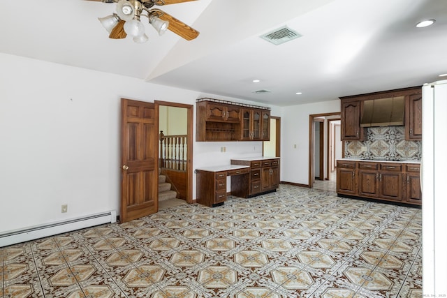 48 Lafayette Dr, Trumbull, CT 06611 - kitchen with light countertops, backsplash, a ceiling fan, dark brown cabinets, and recessed lighting