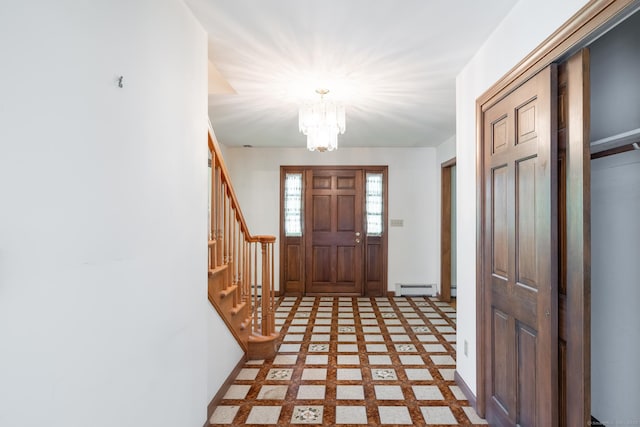 48 Lafayette Dr, Trumbull, CT 06611 - foyer entrance featuring baseboard heating, a chandelier, stairway, a baseboard radiator, and baseboards
