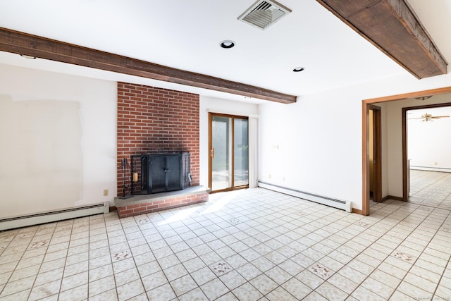 48 Lafayette Dr, Trumbull, CT 06611 - unfurnished living room featuring baseboard heating, beam ceiling, a brick fireplace, recessed lighting, and light tile patterned floors