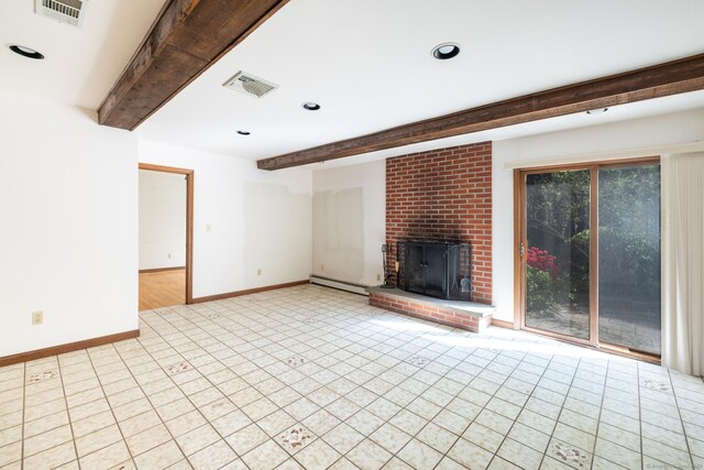 48 Lafayette Dr, Trumbull, CT 06611 - unfurnished living room with beamed ceiling, baseboard heating, baseboards, a brick fireplace, and recessed lighting