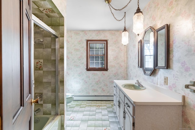 48 Lafayette Dr, Trumbull, CT 06611 - bathroom with vanity, baseboard heating, toilet, bath / shower combo with glass door, and wallpapered walls