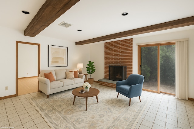 48 Lafayette Dr, Trumbull, CT 06611 - living room featuring light tile patterned flooring, beamed ceiling, a fireplace, and baseboards