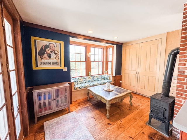 101 Child Hill Rd, Woodstock, CT 06281 - living area featuring hardwood / wood-style floors, a wood stove, and recessed lighting