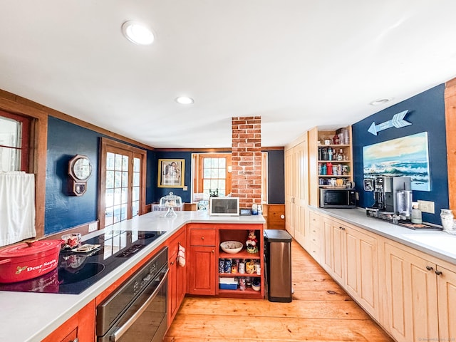 101 Child Hill Rd, Woodstock, CT 06281 - kitchen featuring stainless steel oven, open shelves, white microwave, light countertops, and recessed lighting