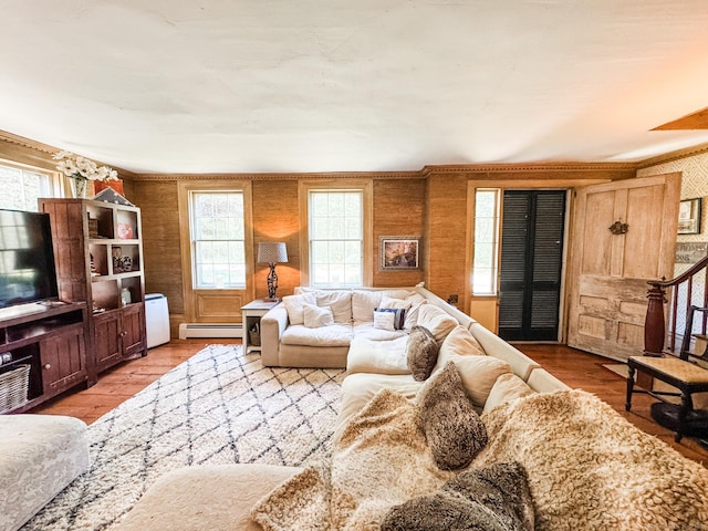 101 Child Hill Rd, Woodstock, CT 06281 - living area with a baseboard radiator, wood finished floors, and crown molding