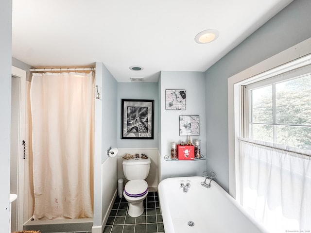 101 Child Hill Rd, Woodstock, CT 06281 - full bath with tile patterned floors, a freestanding tub, toilet, and a shower with shower curtain
